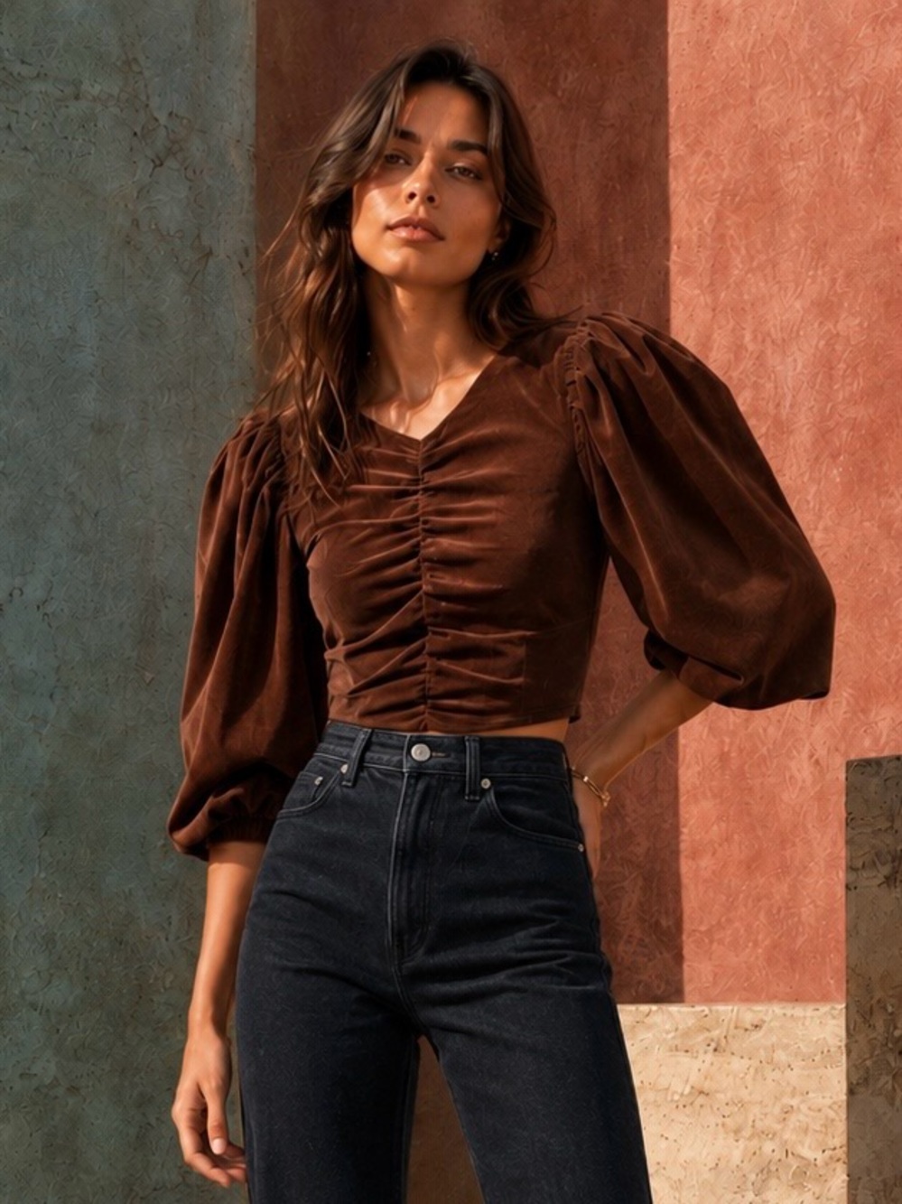 Toit Volant NWT Velvet Ruched Puff Sleeve Cora Top in Chocolate Brown, Size S